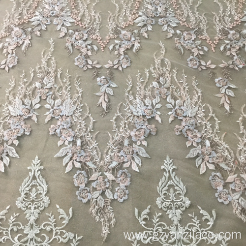 Classical Light Blue Handwork Beaded Embroidery Fabric